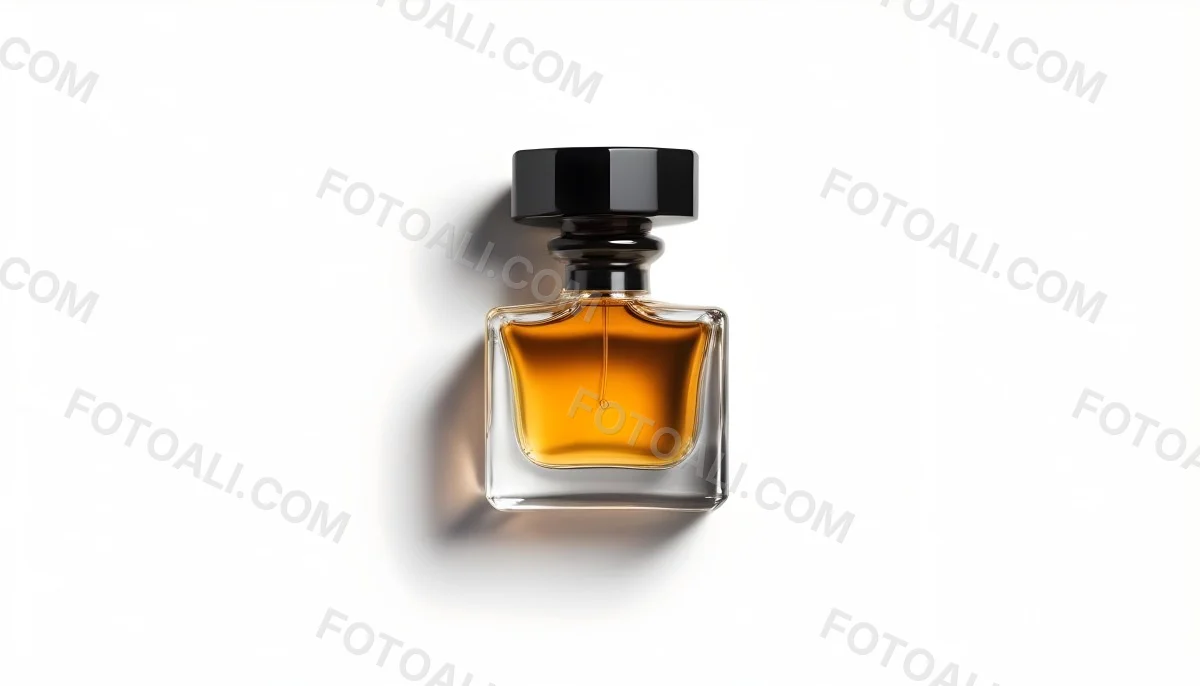 Minimal Soft Studio Light Photography A Glass Perfume Bottle With A Black Cap Filled With Amber Colored Liquid High Detail Solid Bold Color Background 32 C95c