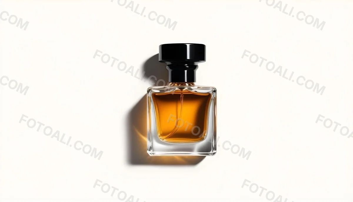 Minimal Soft Studio Light Photography A Glass Perfume Bottle With A Black Cap Filled With Amber Colored Liquid High Detail Solid Bold Color Background 4 Ae45