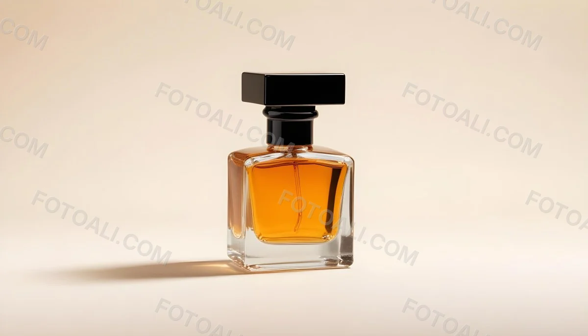 Minimal Soft Studio Light Photography A Glass Perfume Bottle With A Black Cap Filled With Amber Colored Liquid High Detail Solid Bold Color Background 6 Eccf