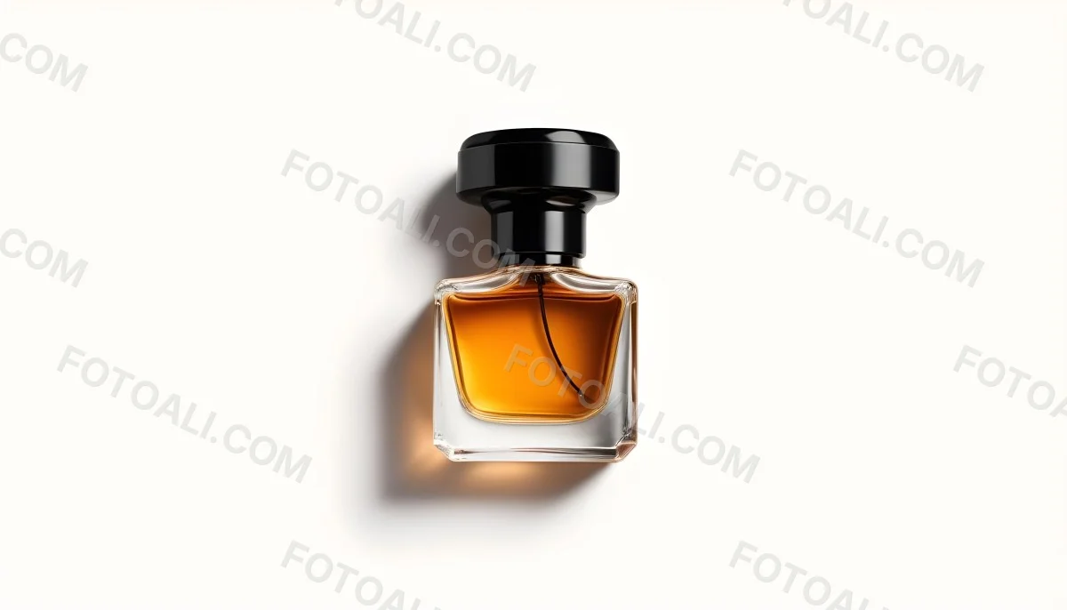 Minimal Soft Studio Light Photography A Glass Perfume Bottle With A Black Cap Filled With Amber Colored Liquid High Detail Solid Bold Color Background 8 Fe69