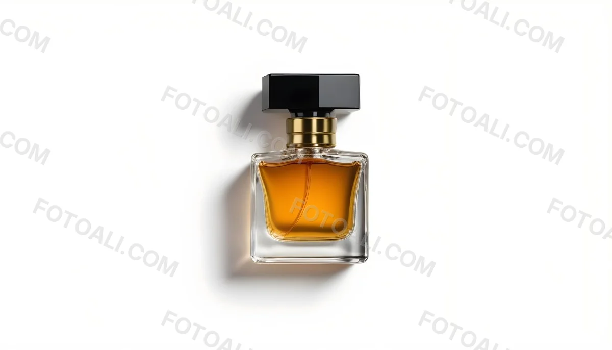 Minimal Soft Studio Light Photography A Glass Perfume Bottle With A Black Cap Filled With Amber Colored Liquid High Detail Solid Bold Color Background 9 Be8e