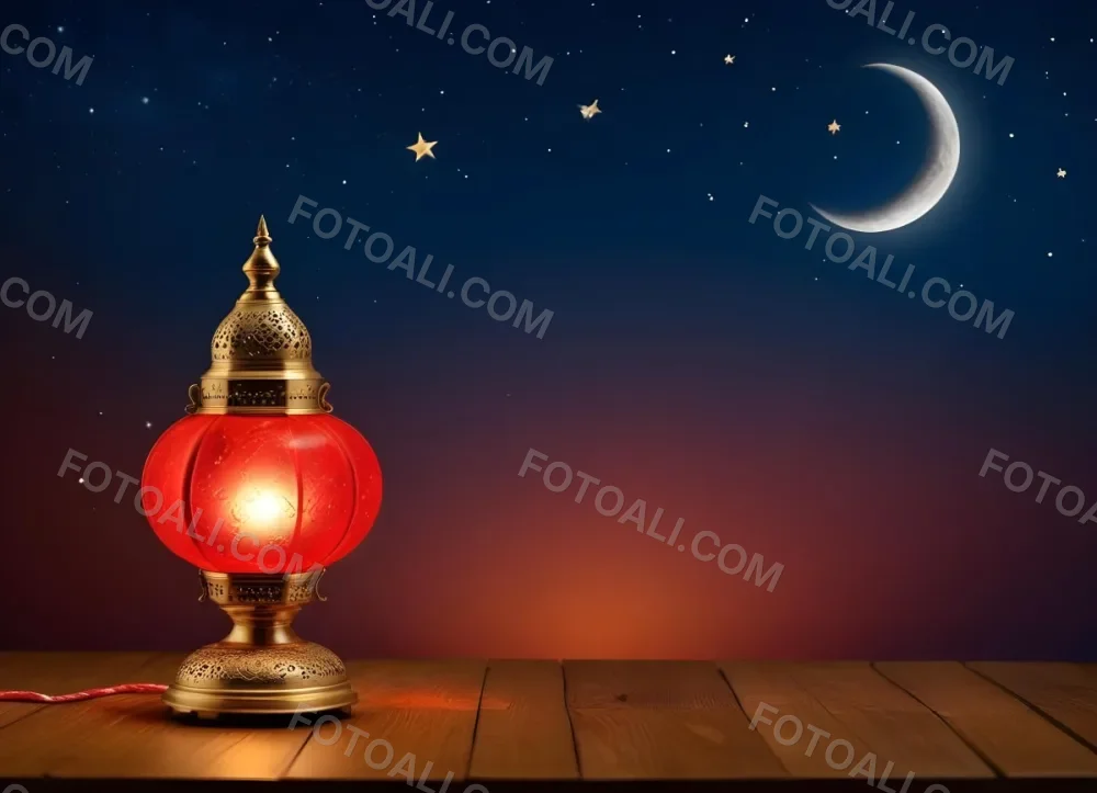 Minimal Soft Studio Light Photography A Golden Arabic Lamp With Red Glass On A Wooden Surface Night Sky With Stars And Moon In The Background High Detail Solid Bold Color Background 12 2593
