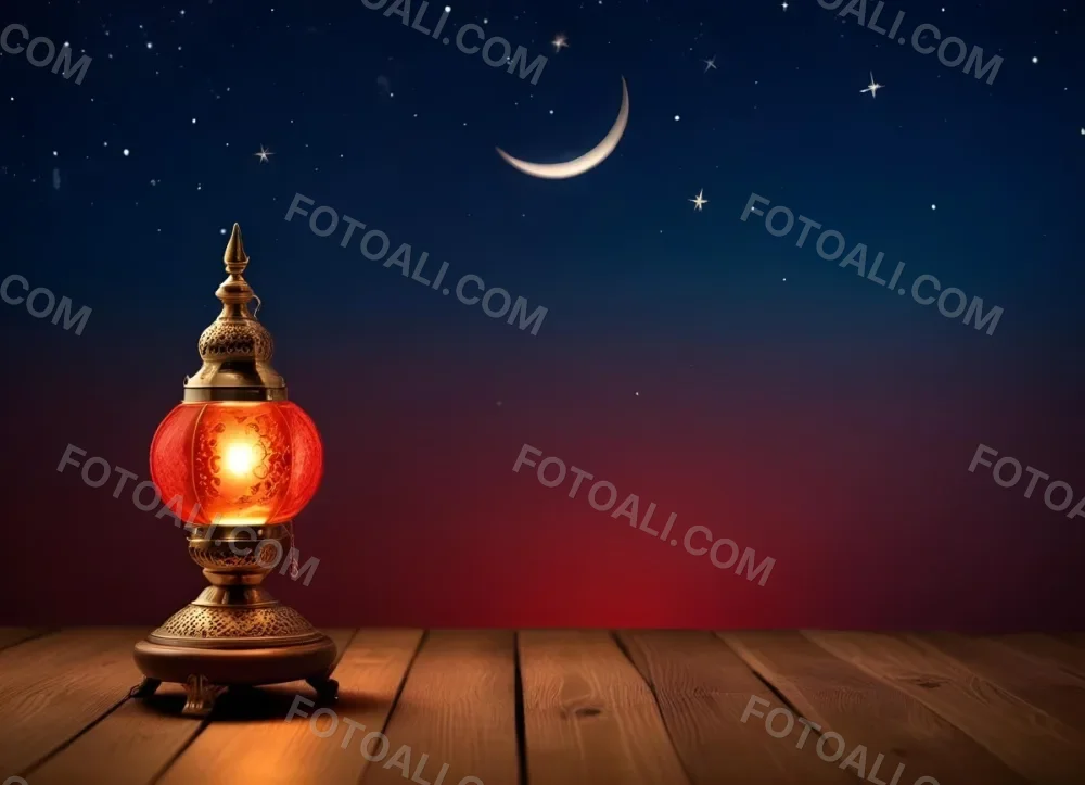 Minimal Soft Studio Light Photography A Golden Arabic Lamp With Red Glass On A Wooden Surface Night Sky With Stars And Moon In The Background High Detail Solid Bold Color Background 13 C626