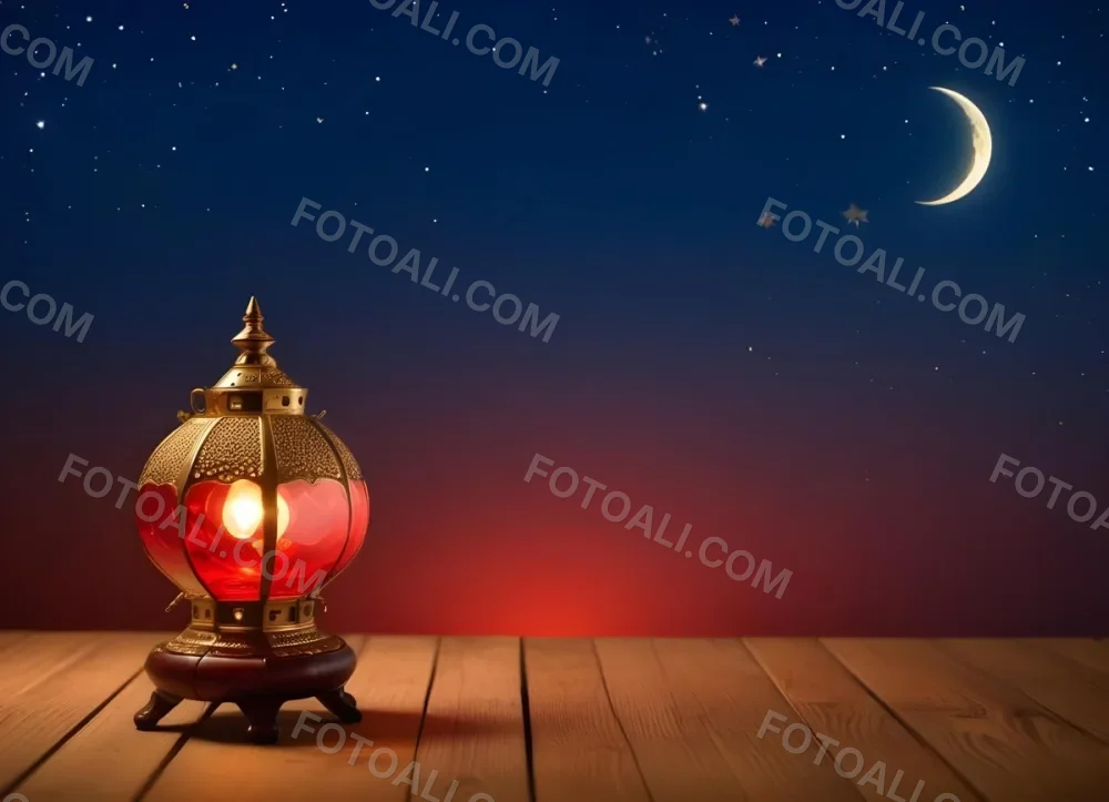 Minimal Soft Studio Light Photography A Golden Arabic Lamp With Red Glass On A Wooden Surface Night Sky With Stars And Moon In The Background High Detail Solid Bold Color Background 17 40ae