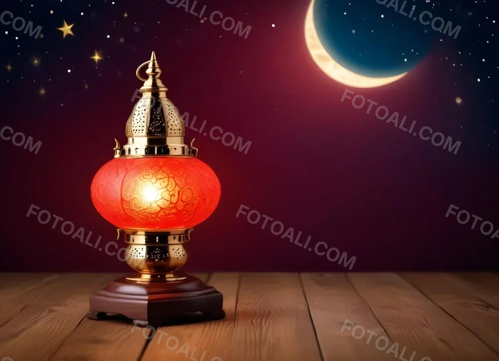 Minimal Soft Studio Light Photography A Golden Arabic Lamp With Red Glass On A Wooden Surface Night Sky With Stars And Moon In The Background High Detail Solid Bold Color Background 18 07c0