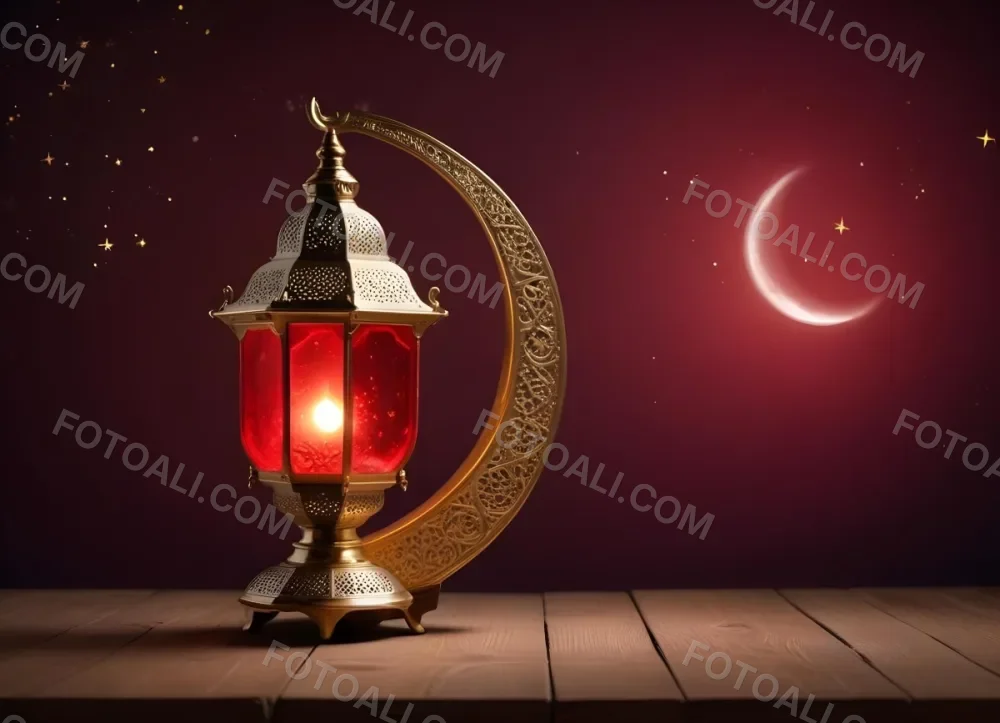 Minimal Soft Studio Light Photography A Golden Arabic Lamp With Red Glass On A Wooden Surface Night Sky With Stars And Moon In The Background High Detail Solid Bold Color Background 2 5c30