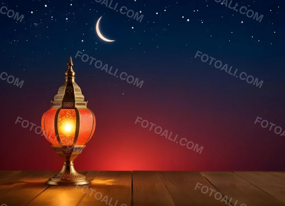 Minimal Soft Studio Light Photography A Golden Arabic Lamp With Red Glass On A Wooden Surface Night Sky With Stars And Moon In The Background High Detail Solid Bold Color Background 20 175d