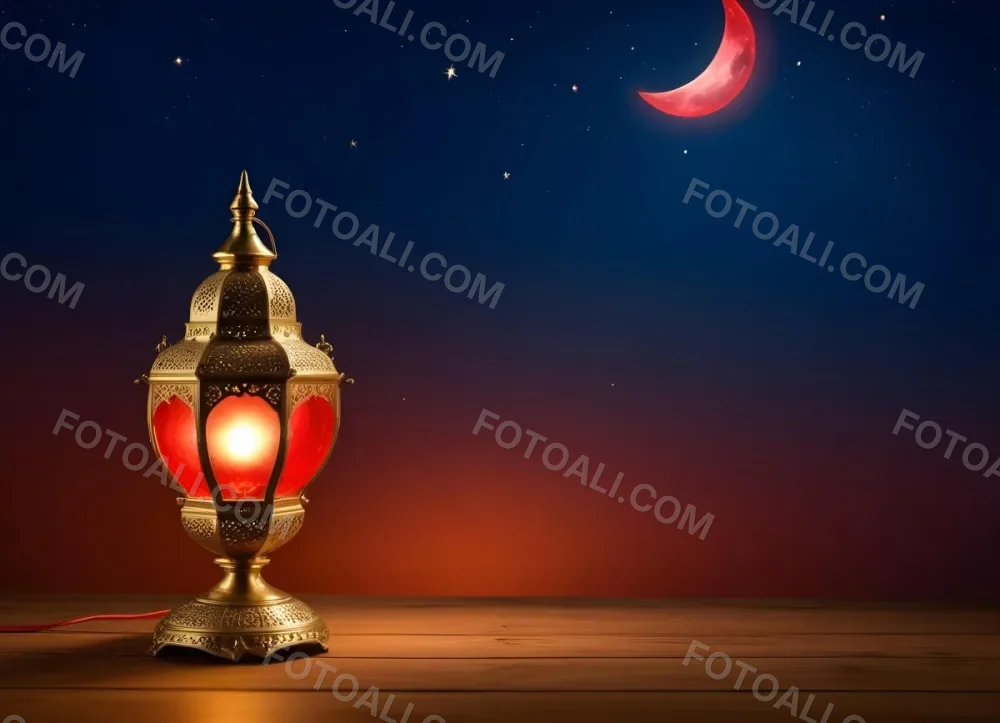Minimal Soft Studio Light Photography A Golden Arabic Lamp With Red Glass On A Wooden Surface Night Sky With Stars And Moon In The Background High Detail Solid Bold Color Background 21 Abf9