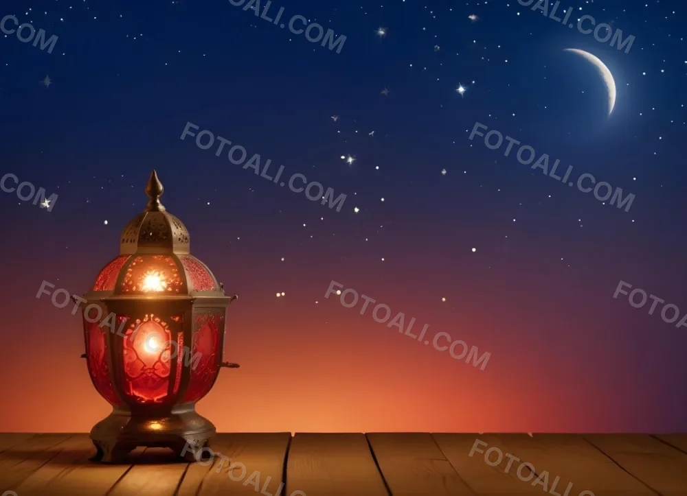 Minimal Soft Studio Light Photography A Golden Arabic Lamp With Red Glass On A Wooden Surface Night Sky With Stars And Moon In The Background High Detail Solid Bold Color Background 24 Aadb
