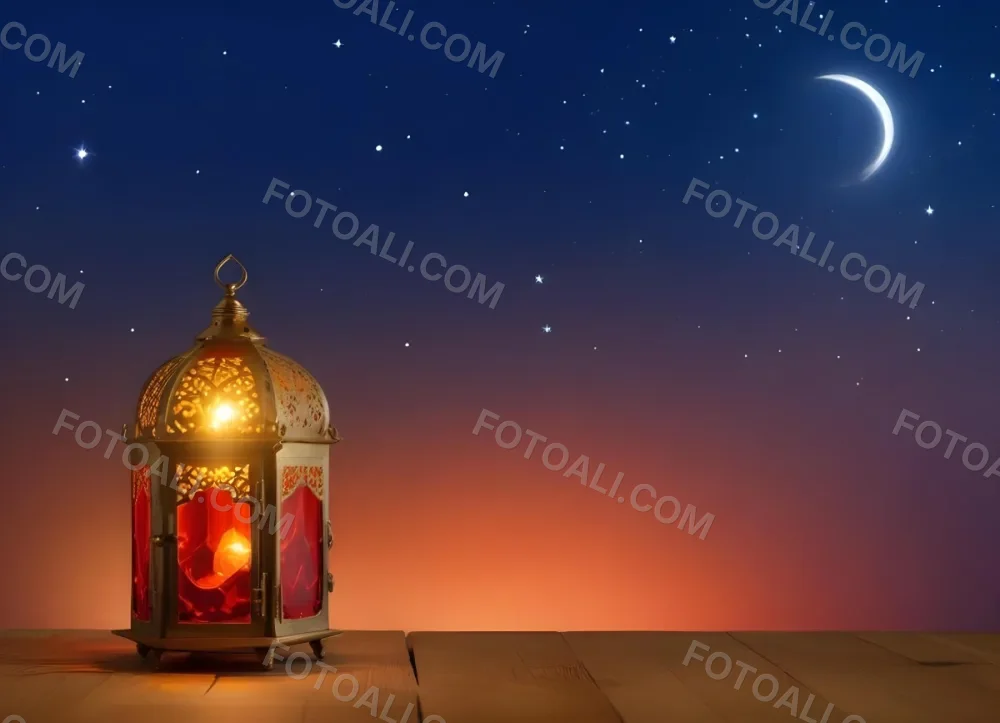 Minimal Soft Studio Light Photography A Golden Arabic Lamp With Red Glass On A Wooden Surface Night Sky With Stars And Moon In The Background High Detail Solid Bold Color Background 3 3c3f