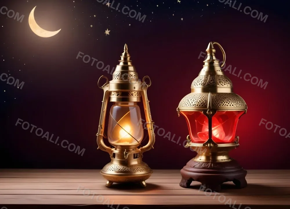 Minimal Soft Studio Light Photography A Golden Arabic Lamp With Red Glass On A Wooden Surface Night Sky With Stars And Moon In The Background High Detail Solid Bold Color Background 4 D687