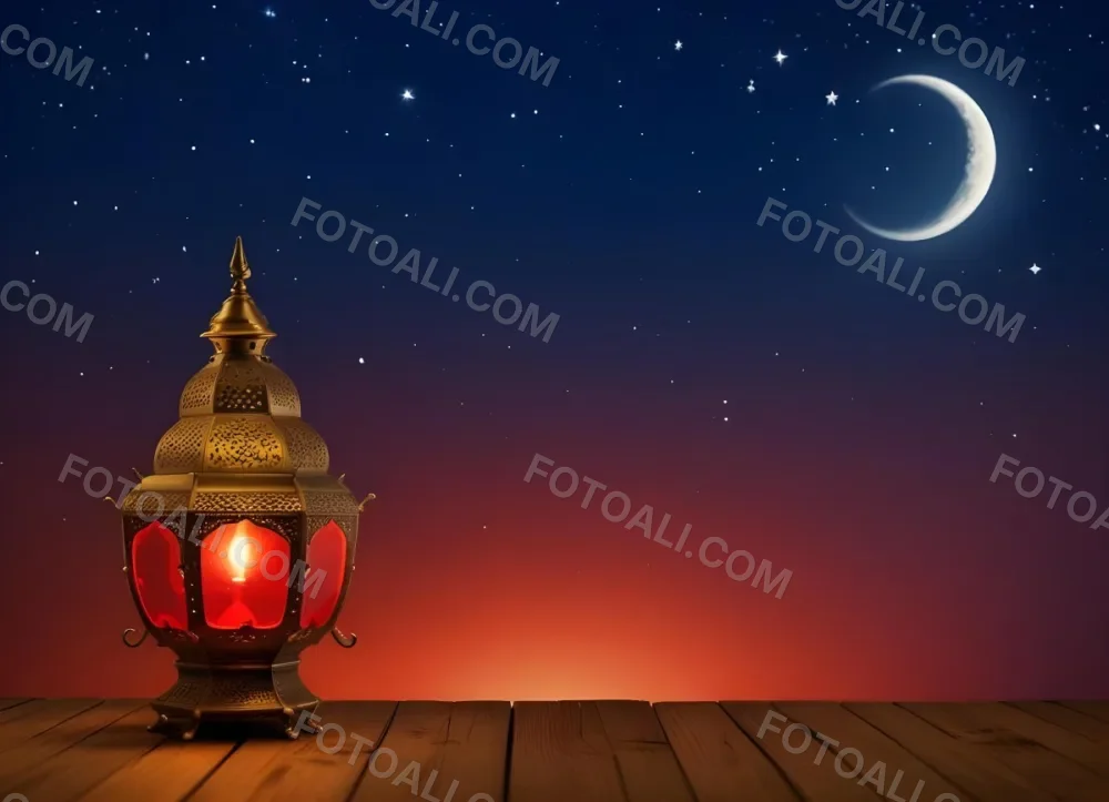 Minimal Soft Studio Light Photography A Golden Arabic Lamp With Red Glass On A Wooden Surface Night Sky With Stars And Moon In The Background High Detail Solid Bold Color Background 5 B860