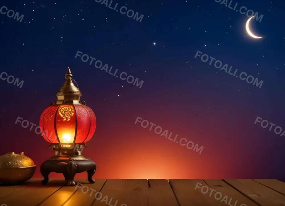 Minimal Soft Studio Light Photography A Golden Arabic Lamp With Red Glass On A Wooden Surface Night Sky With Stars And Moon In The Background High Detail Solid Bold Color Background 6 775c