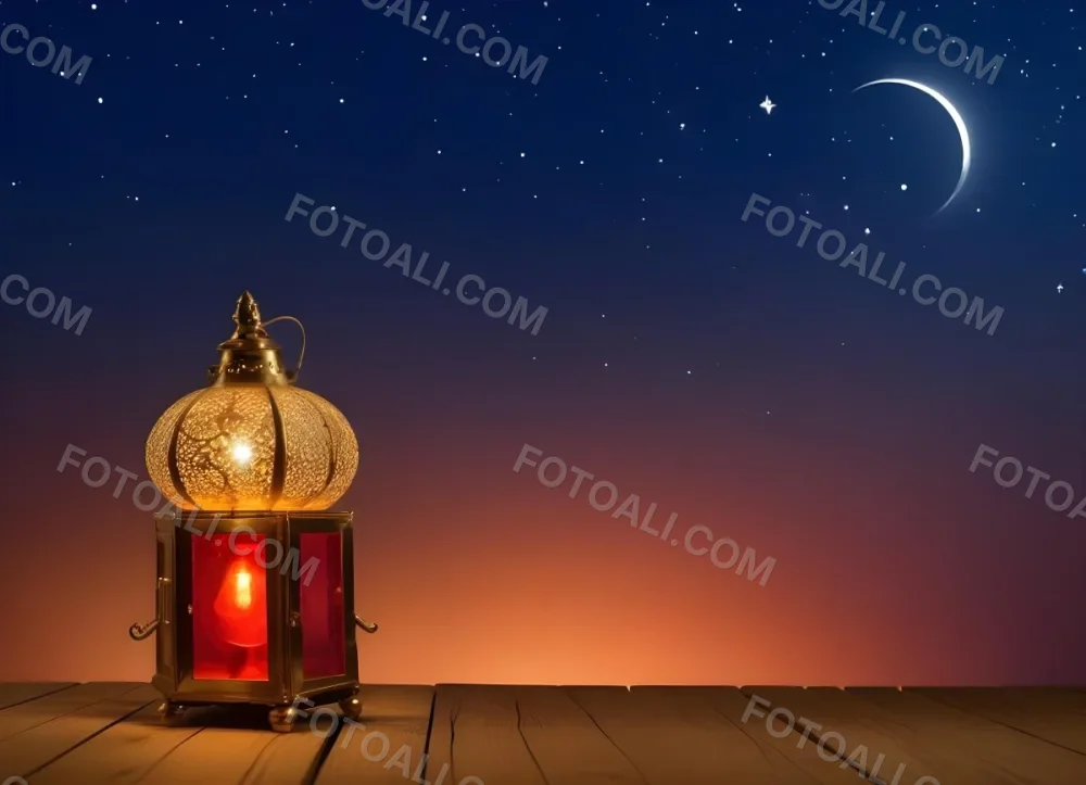Minimal Soft Studio Light Photography A Golden Arabic Lamp With Red Glass On A Wooden Surface Night Sky With Stars And Moon In The Background High Detail Solid Bold Color Background 7 0c4e