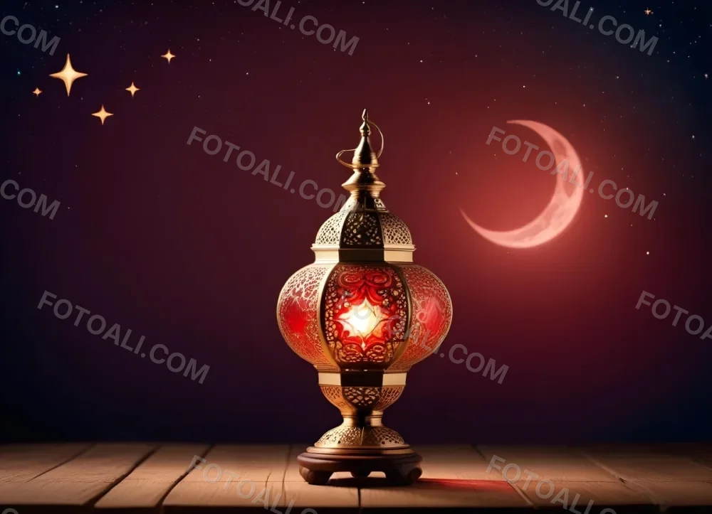 Minimal Soft Studio Light Photography A Golden Arabic Lamp With Red Glass On A Wooden Surface Night Sky With Stars And Moon In The Background High Detail Solid Bold Color Background 8 095e
