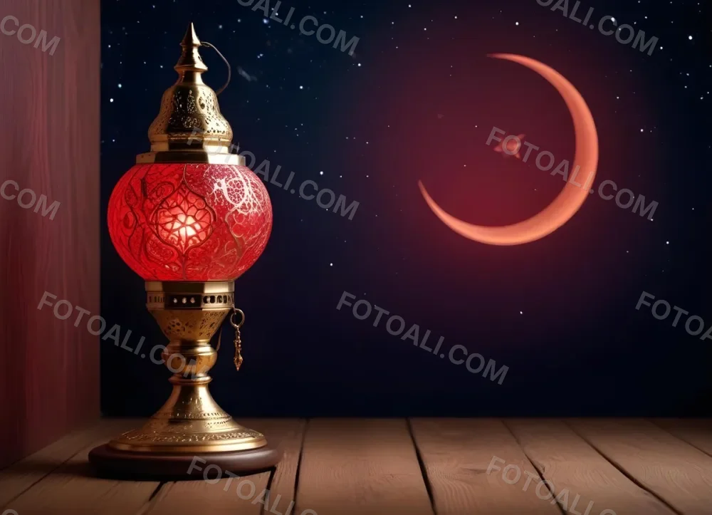 Minimal Soft Studio Light Photography A Golden Arabic Lamp With Red Glass On A Wooden Surface Night Sky With Stars And Moon In The Background High Detail Solid Bold Color Background 9 Ff28