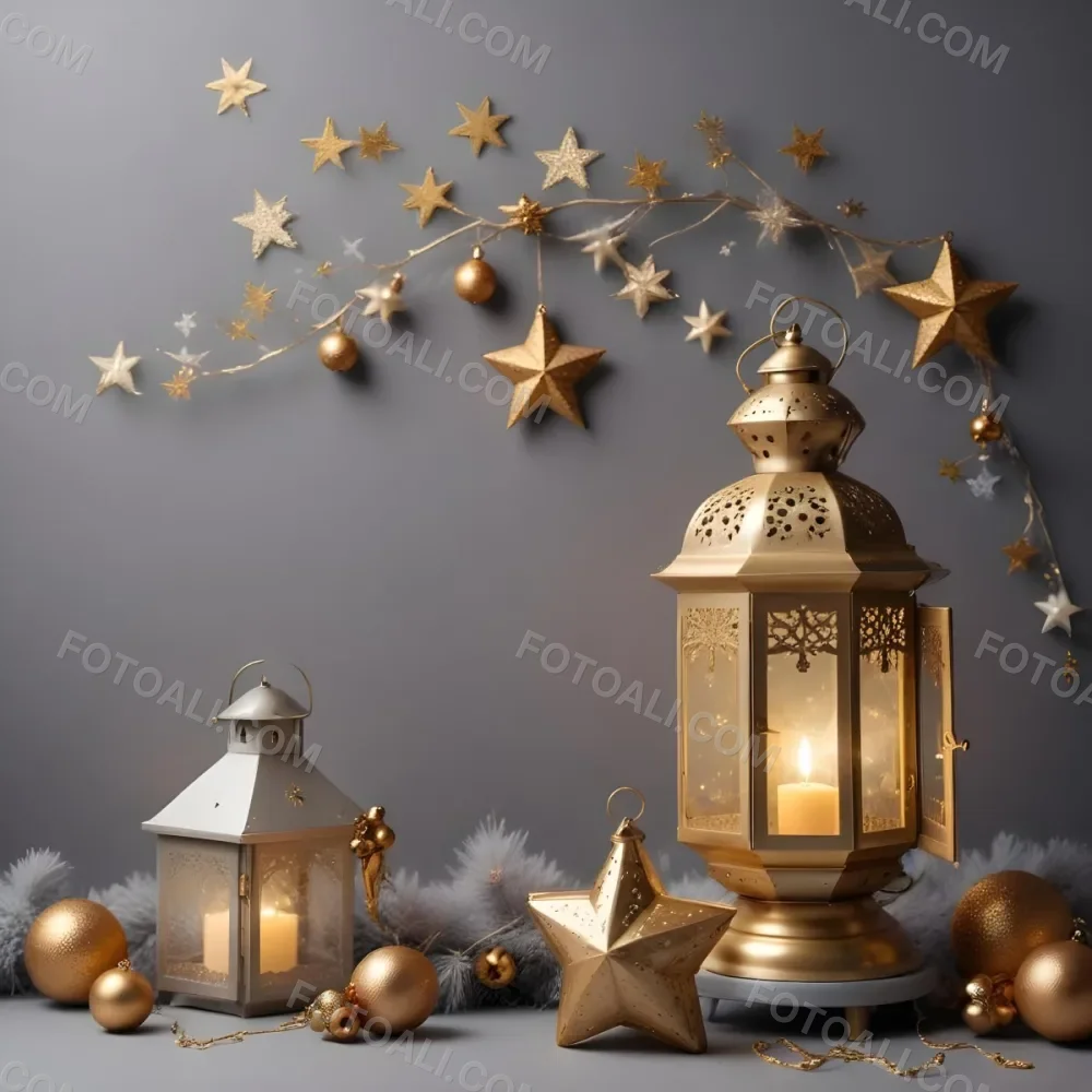 Minimal Soft Studio Light Photography A Golden Lantern With Stars And Ornaments On A Gray Background Creating A Festive And Cozy Atmosphere High Detail Solid Bold Color Background 10 C5fb
