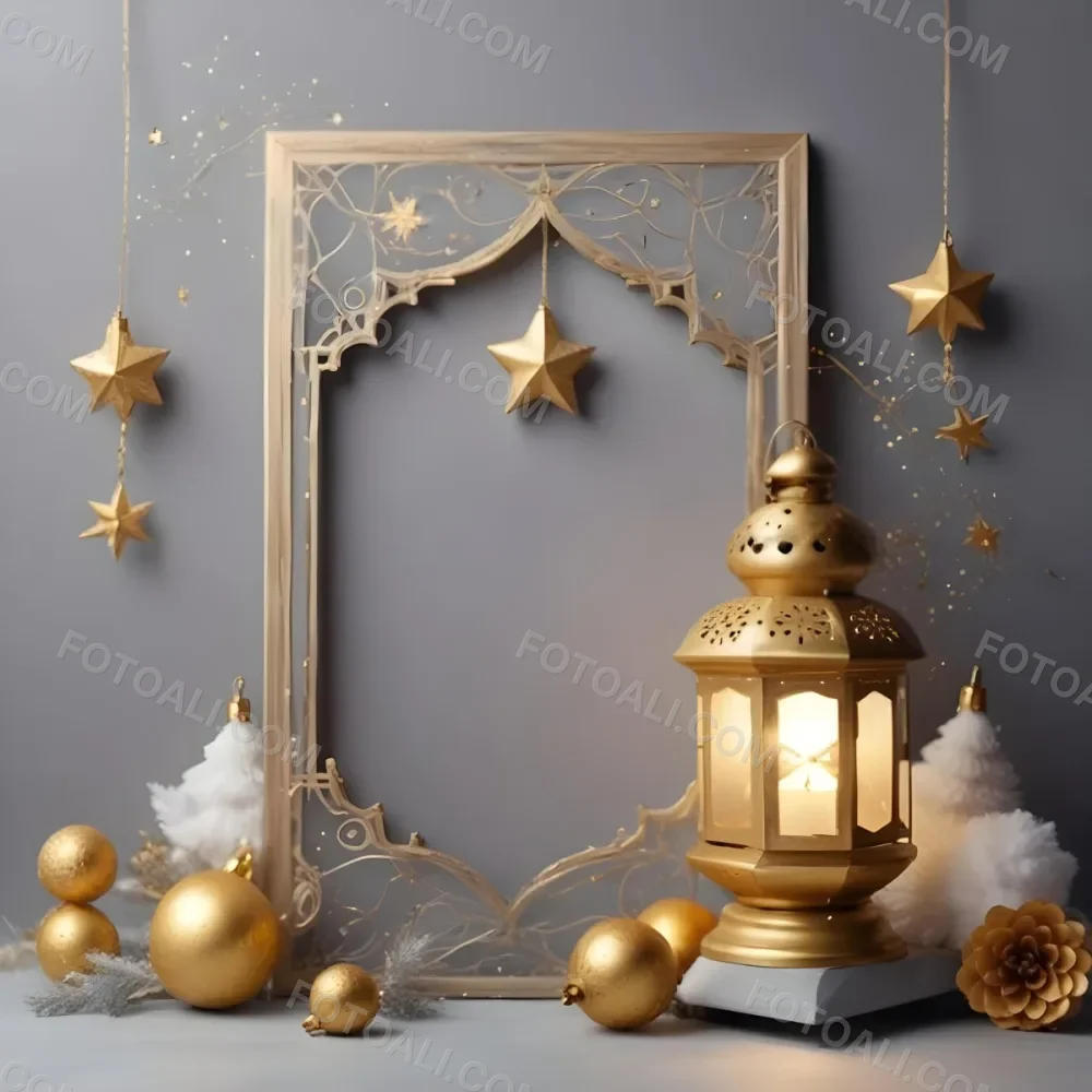 Minimal Soft Studio Light Photography A Golden Lantern With Stars And Ornaments On A Gray Background Creating A Festive And Cozy Atmosphere High Detail Solid Bold Color Background 11 1ed7