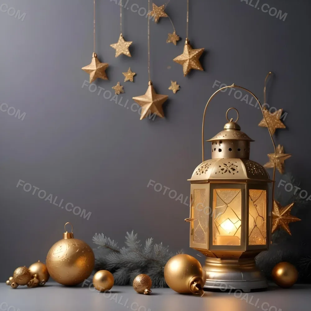 Minimal Soft Studio Light Photography A Golden Lantern With Stars And Ornaments On A Gray Background Creating A Festive And Cozy Atmosphere High Detail Solid Bold Color Background 2 A1bb