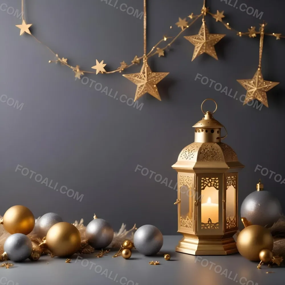 Minimal Soft Studio Light Photography A Golden Lantern With Stars And Ornaments On A Gray Background Creating A Festive And Cozy Atmosphere High Detail Solid Bold Color Background 3 Af30