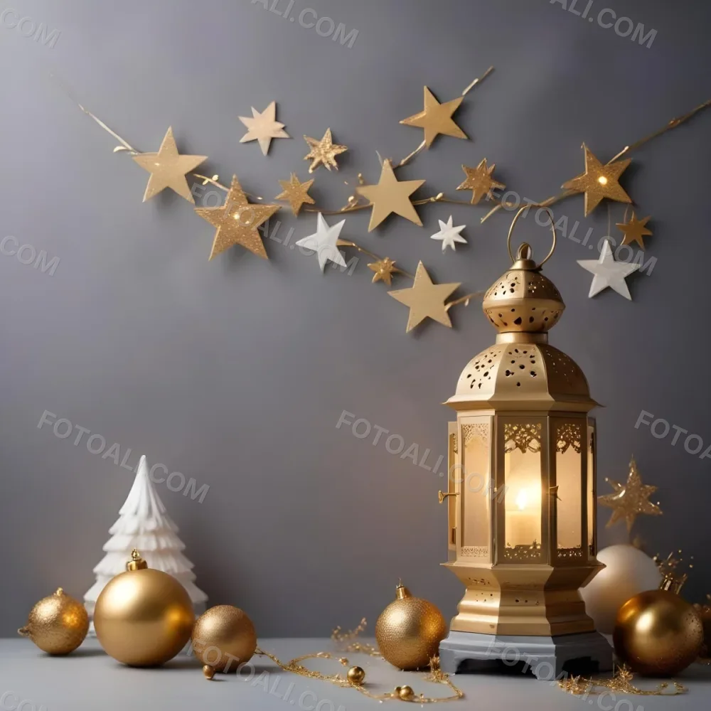 Minimal Soft Studio Light Photography A Golden Lantern With Stars And Ornaments On A Gray Background Creating A Festive And Cozy Atmosphere High Detail Solid Bold Color Background 4 B219