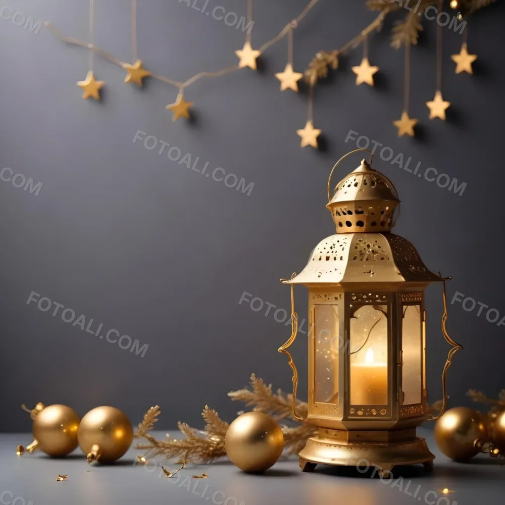 Minimal Soft Studio Light Photography A Golden Lantern With Stars And Ornaments On A Gray Background Creating A Festive And Cozy Atmosphere High Detail Solid Bold Color Background 5 Dd85