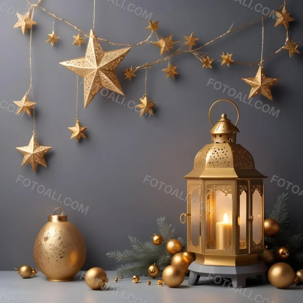 Minimal Soft Studio Light Photography A Golden Lantern With Stars And Ornaments On A Gray Background Creating A Festive And Cozy Atmosphere High Detail Solid Bold Color Background 6 45f1