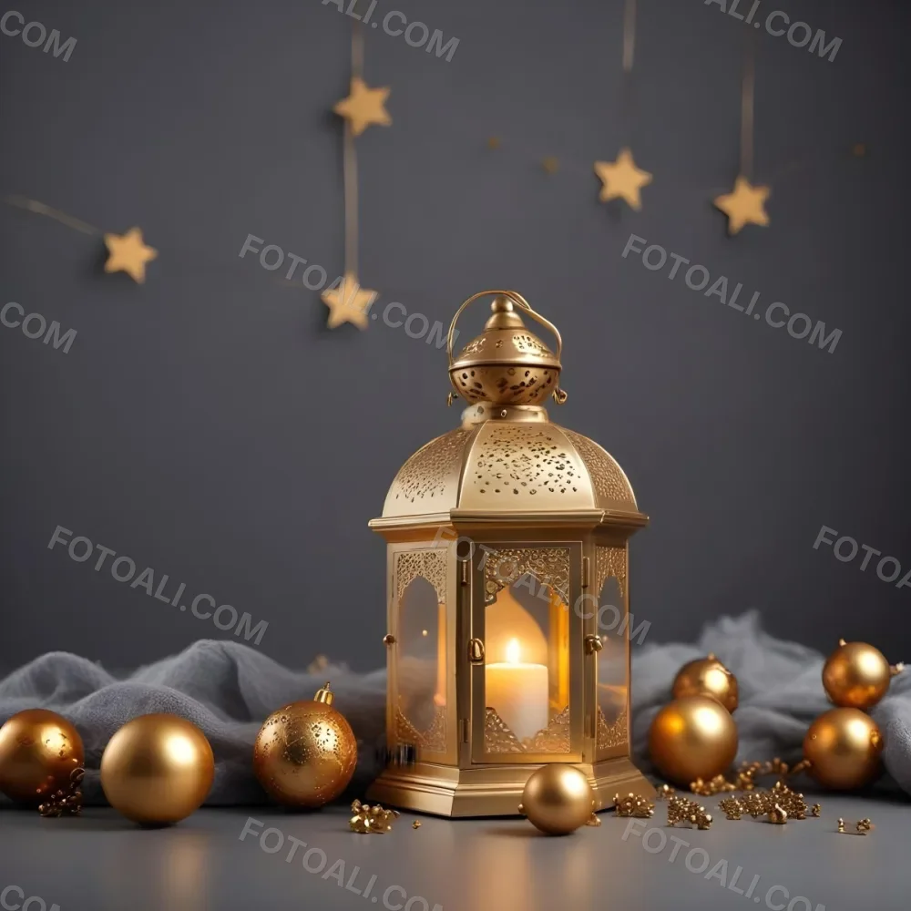 Minimal Soft Studio Light Photography A Golden Lantern With Stars And Ornaments On A Gray Background Creating A Festive And Cozy Atmosphere High Detail Solid Bold Color Background 7 B2d3