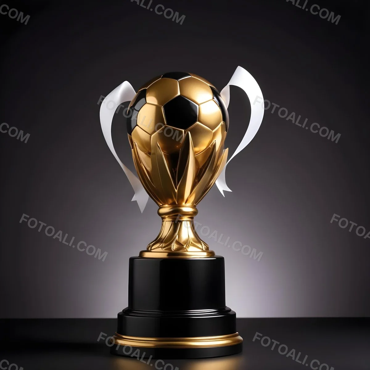 Minimal Soft Studio Light Photography A Golden Trophy With A Soccer Ball On Top And A White Ribbon Around It The Trophy Has A Golden Base Black Background High Detail Solid Bold Color Background 13 6e25