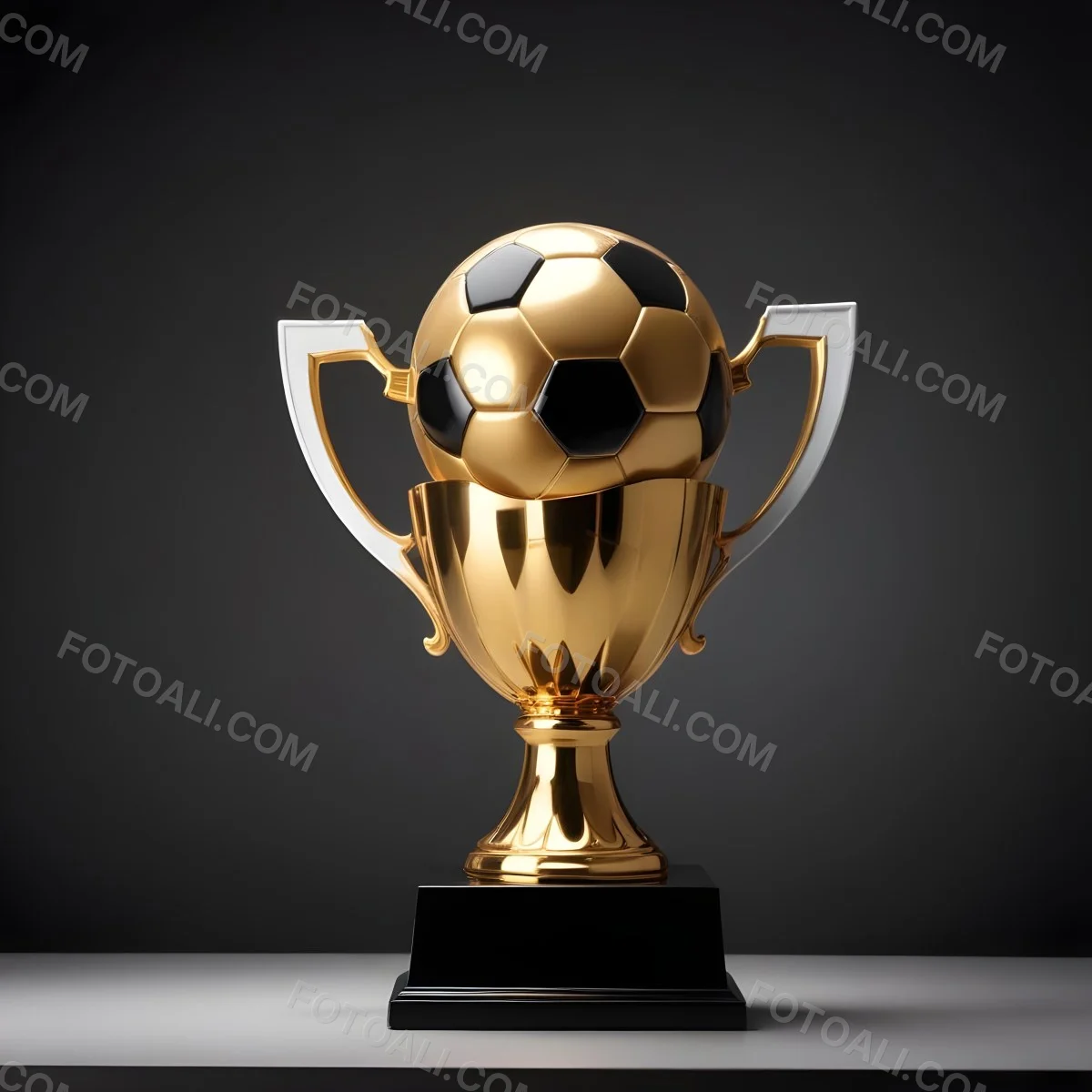 Minimal Soft Studio Light Photography A Golden Trophy With A Soccer Ball On Top And A White Ribbon Around It The Trophy Has A Golden Base Black Background High Detail Solid Bold Color Background 17 9f24