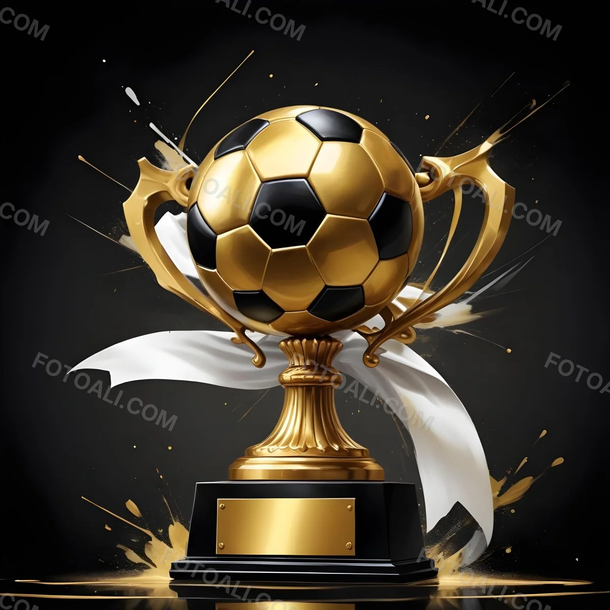 Minimal Soft Studio Light Photography A Golden Trophy With A Soccer Ball On Top And A White Ribbon Around It The Trophy Has A Golden Base Black Background High Detail Solid Bold Color Background 38 98e9