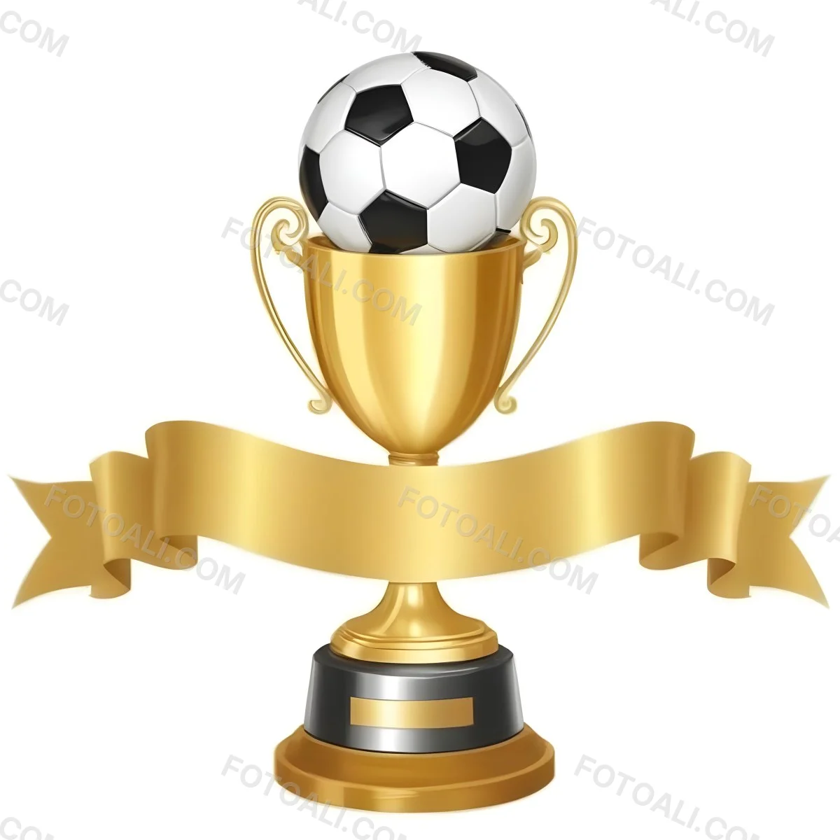 Minimal Soft Studio Light Photography A Golden Trophy With A Soccer Ball On Top And A White Ribbon Around It The Trophy Has A Golden Base Black Background High Detail Solid Bold Color Background 45 F30c