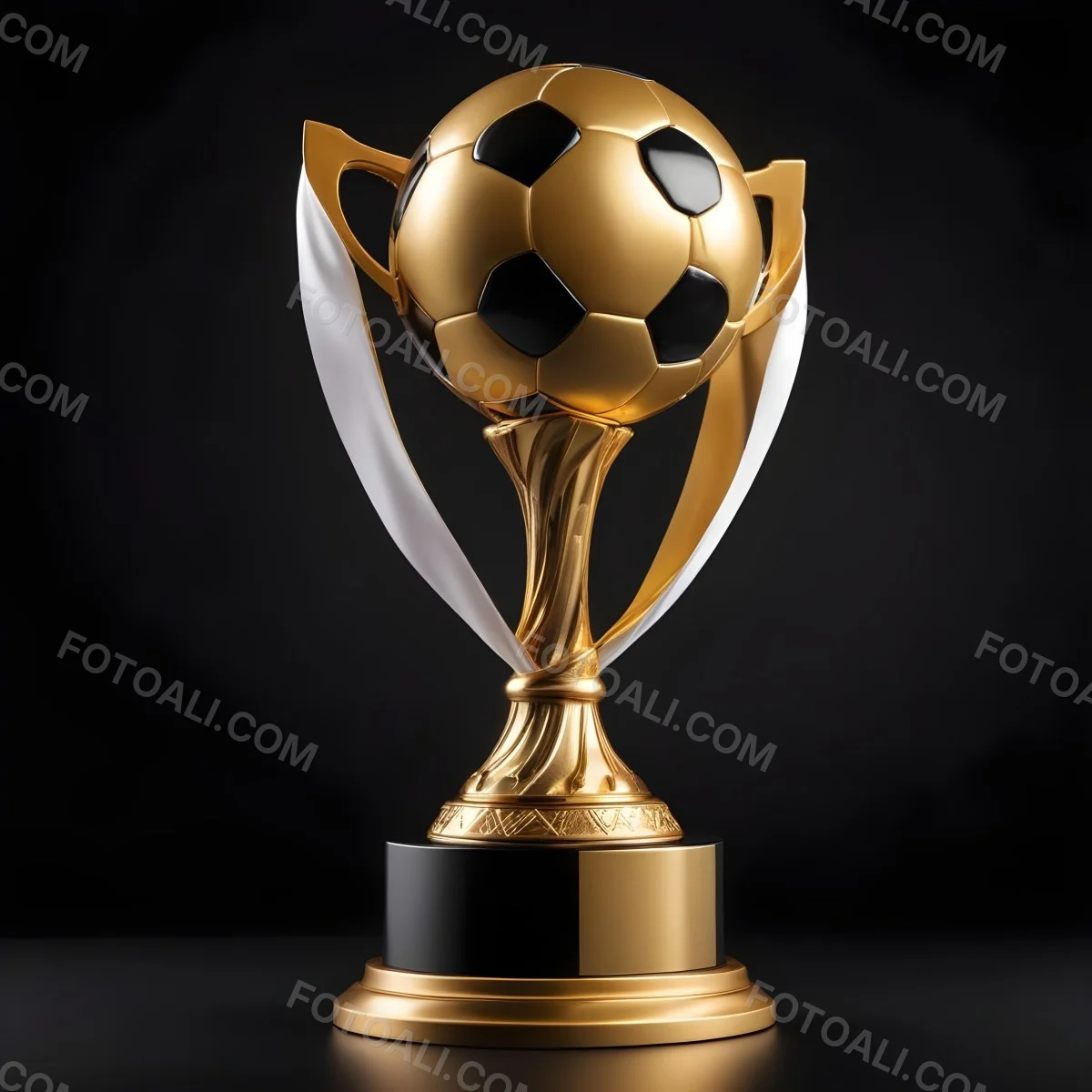 Minimal Soft Studio Light Photography A Golden Trophy With A Soccer Ball On Top And A White Ribbon Around It The Trophy Has A Golden Base Black Background High Detail Solid Bold Color Background 7 B8a2