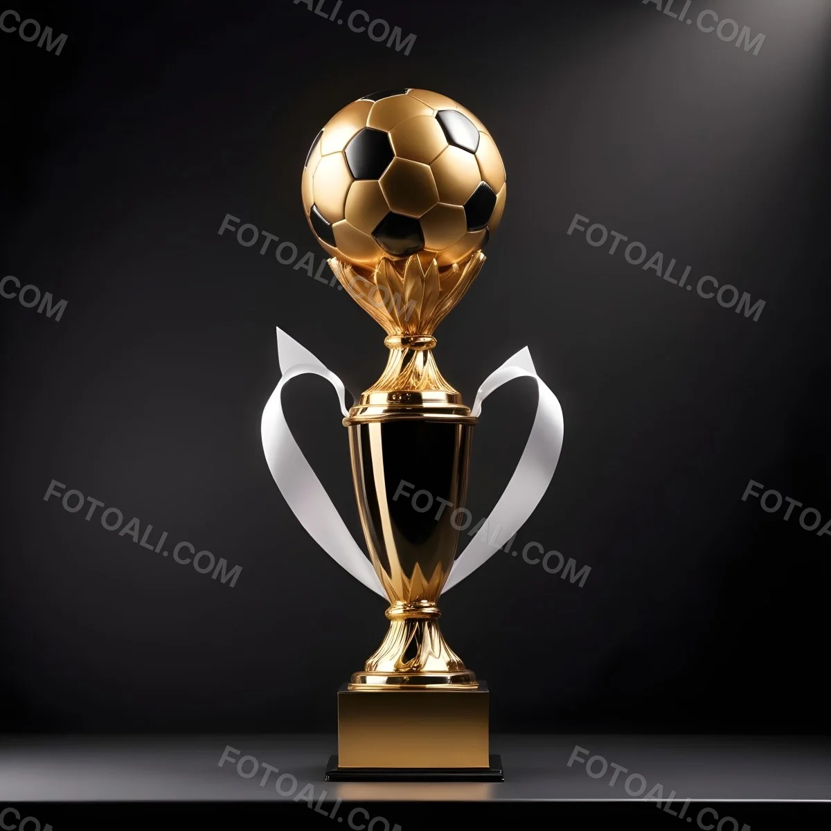 Minimal Soft Studio Light Photography A Golden Trophy With A Soccer Ball On Top And A White Ribbon Around It The Trophy Has A Golden Base Black Background High Detail Solid Bold Color Background 9 F5a6