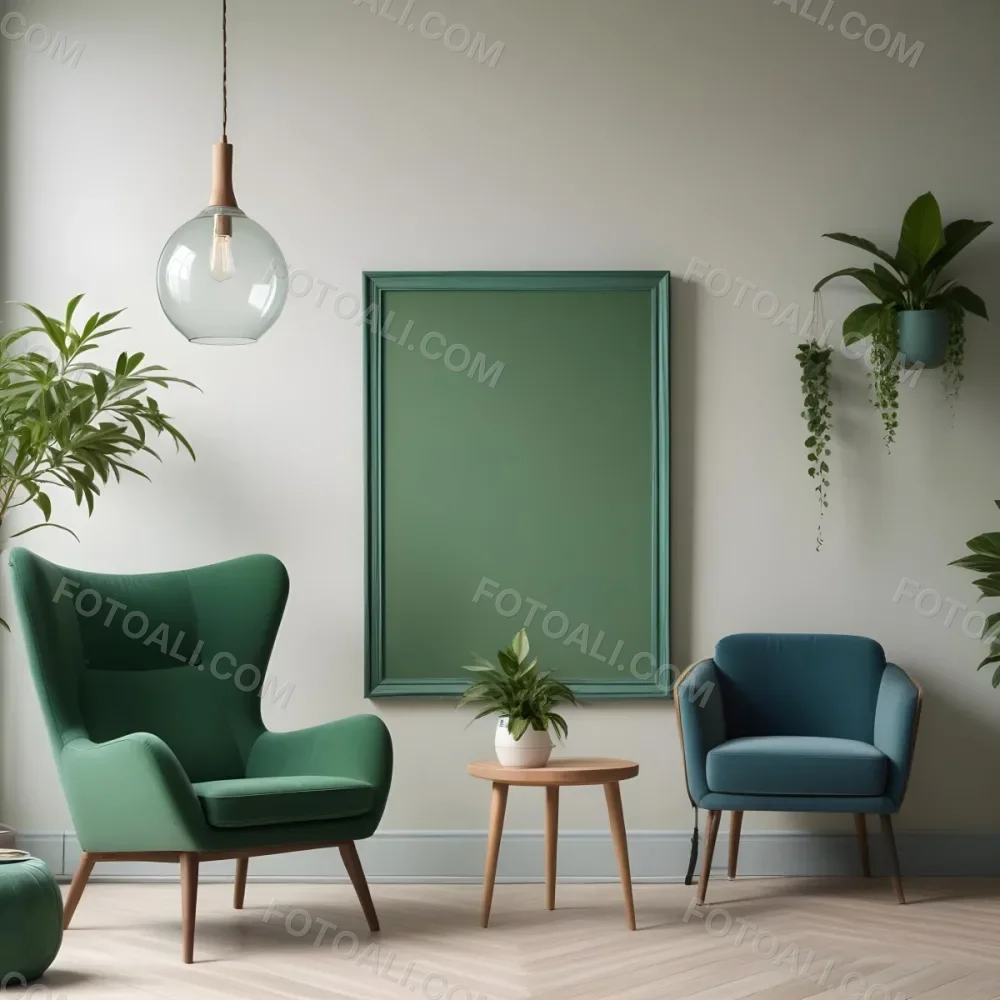 Minimal Soft Studio Light Photography A Green Armchair In A Minimalist Living Room With A Green Framed Wall Art Hanging Plants And A Glass Pendant Light Surrounded By A Blue Armchair In A Bright Atmosphere With Woode 1 2fbc