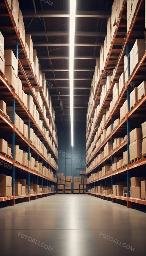 Minimal Soft Studio Light Photography A Large Industrial Warehouse Interior With Rows Of Shelves Stocked With Various Goods And Supplies And Bright Overhead Lights In The Background High Detail Solid Bold Color Backgroun 1 C11b