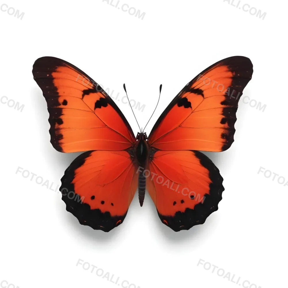 Minimal Soft Studio Light Photography A Large Vibrant Red Butterfly With Black Markings On A Plain White Background A Small Delicate Blue Butterfly With Orange Spots On A Textured Black Background High Detail Solid 9 D961
