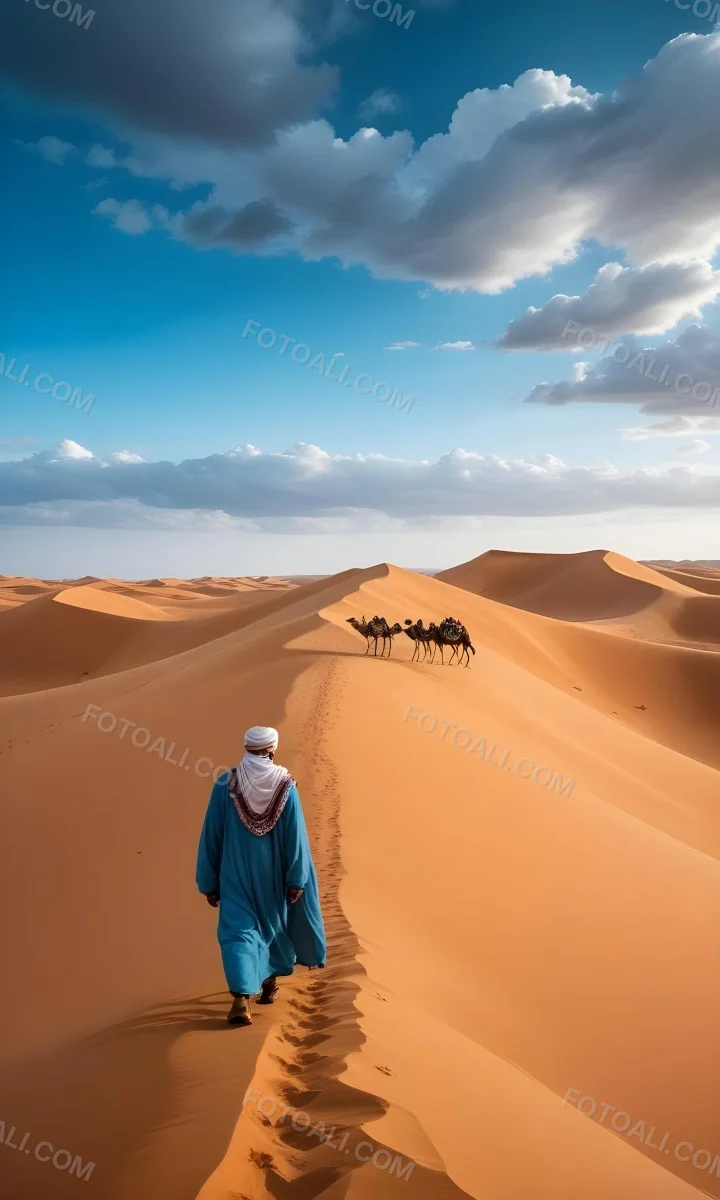 Minimal Soft Studio Light Photography A Man In Traditional Berber Clothing Walking Alone On A Desert Sand Dune With A Caravan Of Camels In The Distance And A Dramatic Cloudy Sky Above High Detail Solid Bold Color Bac 10 0479