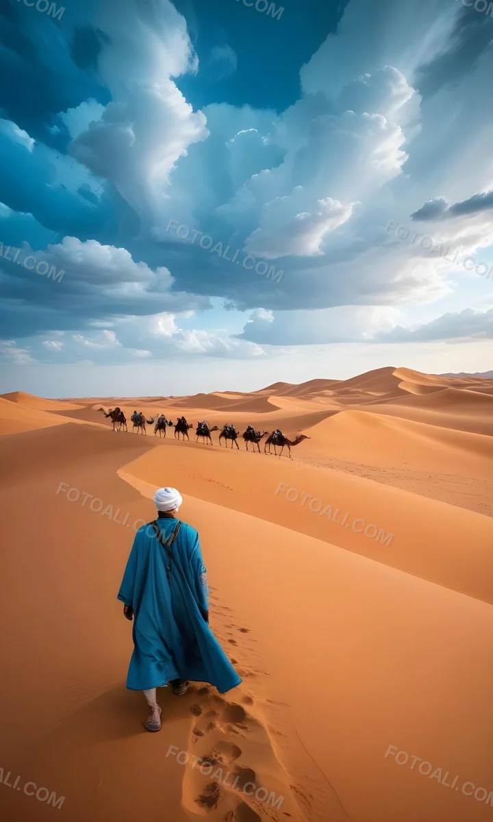 Minimal Soft Studio Light Photography A Man In Traditional Berber Clothing Walking Alone On A Desert Sand Dune With A Caravan Of Camels In The Distance And A Dramatic Cloudy Sky Above High Detail Solid Bold Color Bac 11 4a63