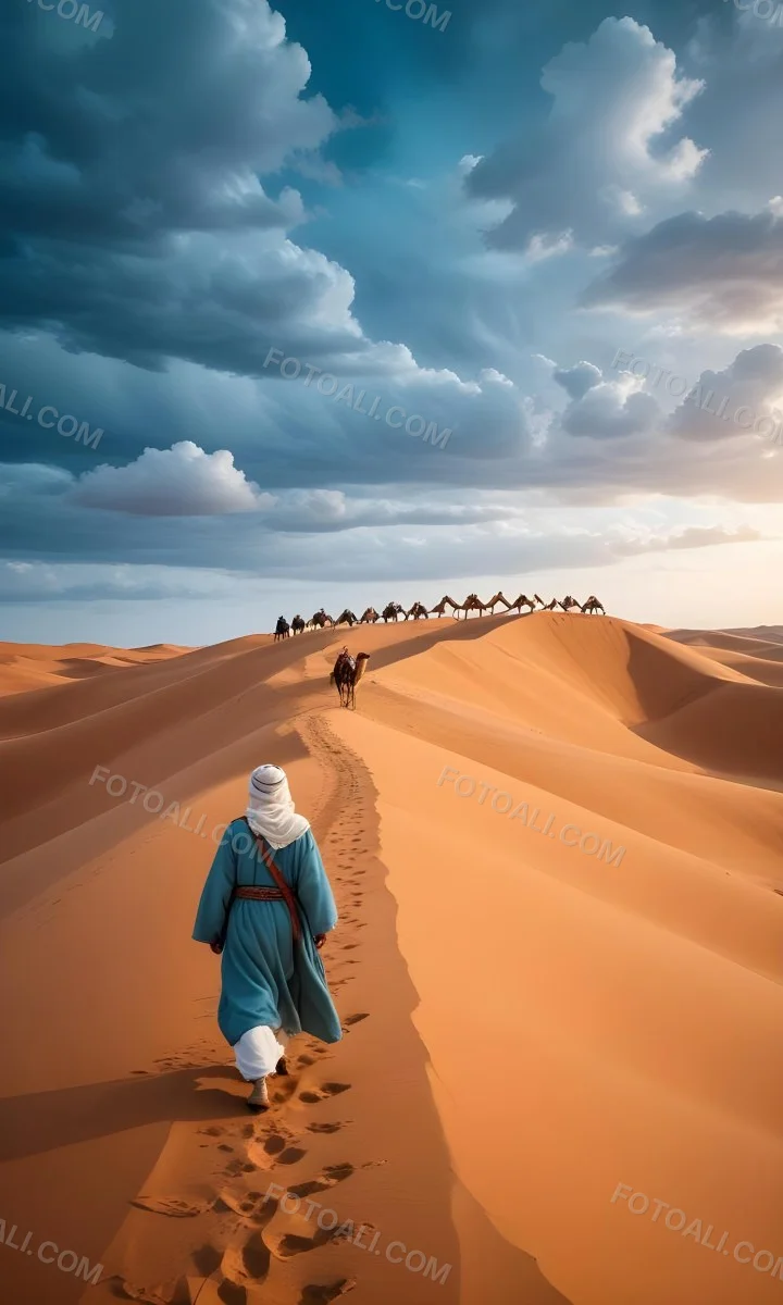 Minimal Soft Studio Light Photography A Man In Traditional Berber Clothing Walking Alone On A Desert Sand Dune With A Caravan Of Camels In The Distance And A Dramatic Cloudy Sky Above High Detail Solid Bold Color Bac 12 299e