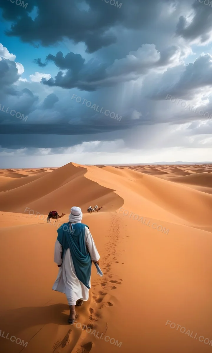 Minimal Soft Studio Light Photography A Man In Traditional Berber Clothing Walking Alone On A Desert Sand Dune With A Caravan Of Camels In The Distance And A Dramatic Cloudy Sky Above High Detail Solid Bold Color Bac 13 1de6