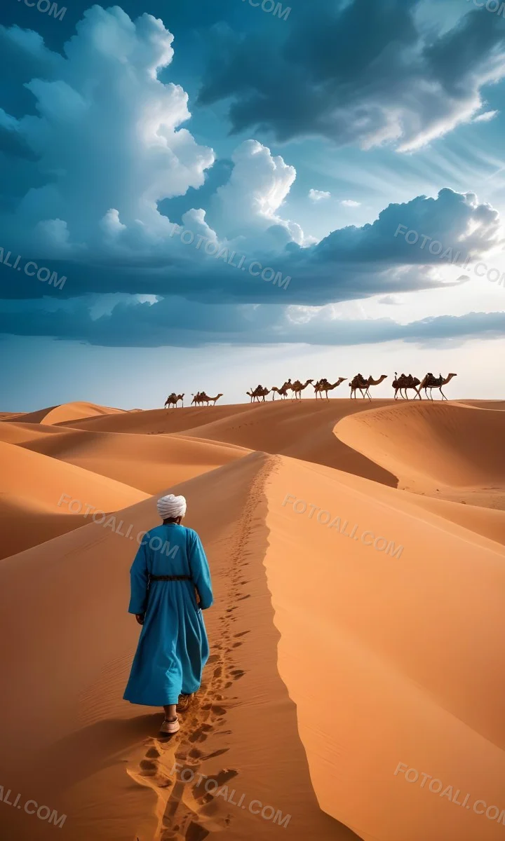Minimal Soft Studio Light Photography A Man In Traditional Berber Clothing Walking Alone On A Desert Sand Dune With A Caravan Of Camels In The Distance And A Dramatic Cloudy Sky Above High Detail Solid Bold Color Bac 14 19ad
