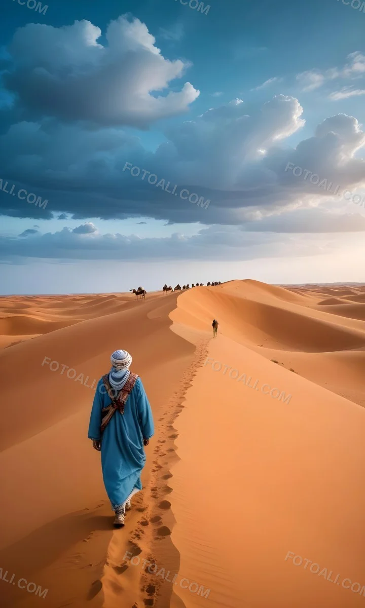 Minimal Soft Studio Light Photography A Man In Traditional Berber Clothing Walking Alone On A Desert Sand Dune With A Caravan Of Camels In The Distance And A Dramatic Cloudy Sky Above High Detail Solid Bold Color Bac 3 F7fa