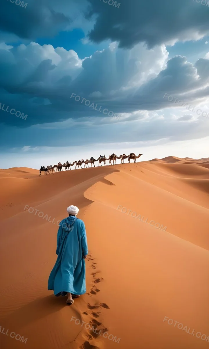 Minimal Soft Studio Light Photography A Man In Traditional Berber Clothing Walking Alone On A Desert Sand Dune With A Caravan Of Camels In The Distance And A Dramatic Cloudy Sky Above High Detail Solid Bold Color Bac 4 2bb5