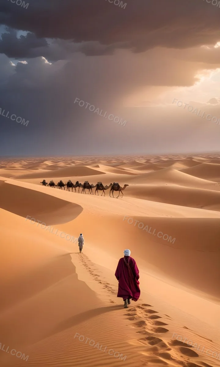 Minimal Soft Studio Light Photography A Man In Traditional Berber Clothing Walking Alone On A Desert Sand Dune With A Caravan Of Camels In The Distance And A Dramatic Cloudy Sky Above High Detail Solid Bold Color Bac 5 3af2