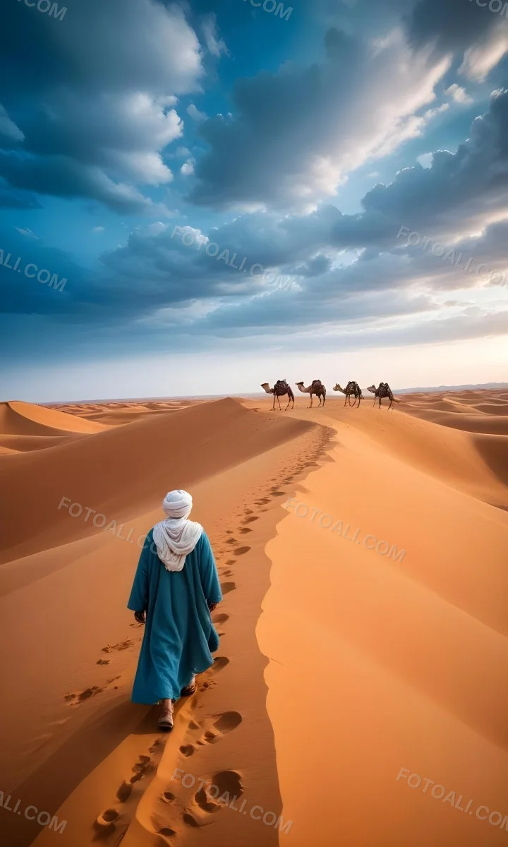 Minimal Soft Studio Light Photography A Man In Traditional Berber Clothing Walking Alone On A Desert Sand Dune With A Caravan Of Camels In The Distance And A Dramatic Cloudy Sky Above High Detail Solid Bold Color Bac 7 7f32