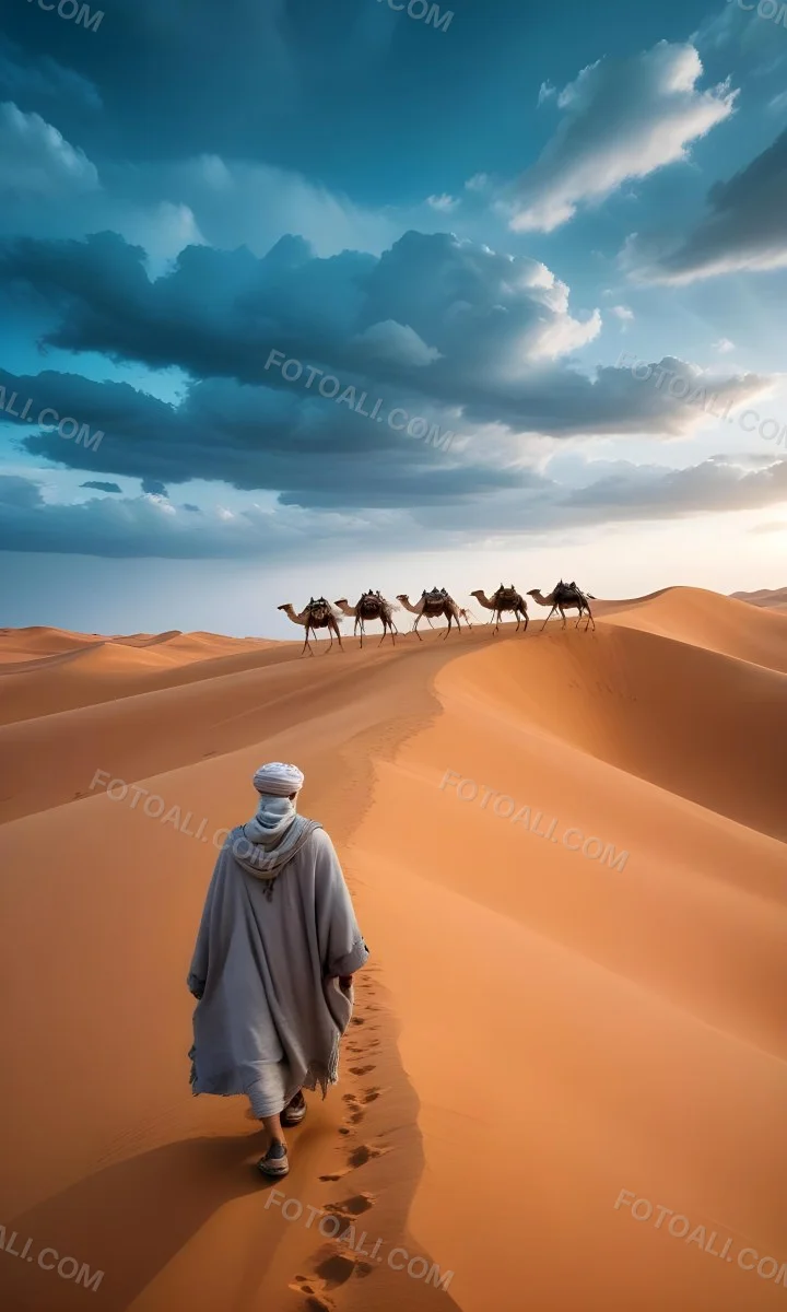 Minimal Soft Studio Light Photography A Man In Traditional Berber Clothing Walking Alone On A Desert Sand Dune With A Caravan Of Camels In The Distance And A Dramatic Cloudy Sky Above High Detail Solid Bold Color Bac 8 9ee4