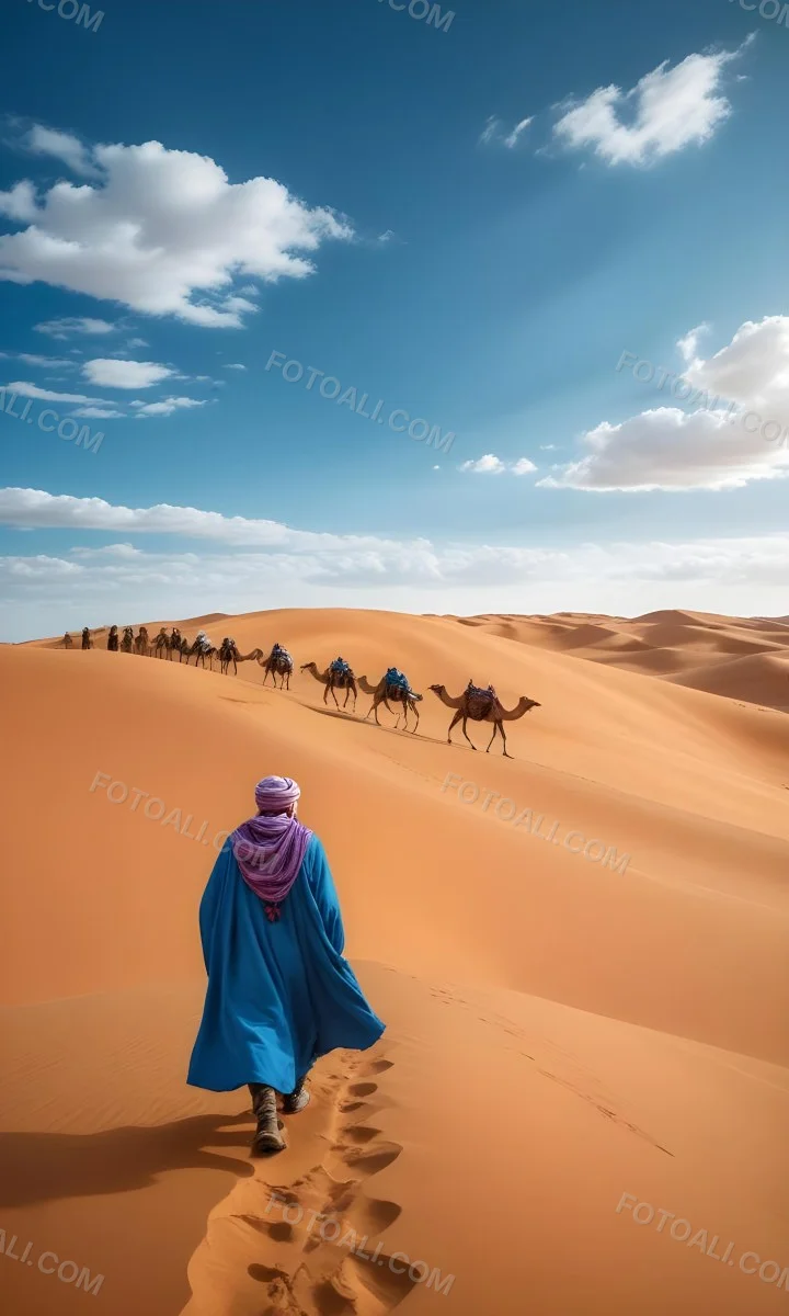 Minimal Soft Studio Light Photography A Man In Traditional Berber Clothing Walking Alone On A Desert Sand Dune With A Caravan Of Camels In The Distance And A Dramatic Cloudy Sky Above High Detail Solid Bold Color Bac 9 B671