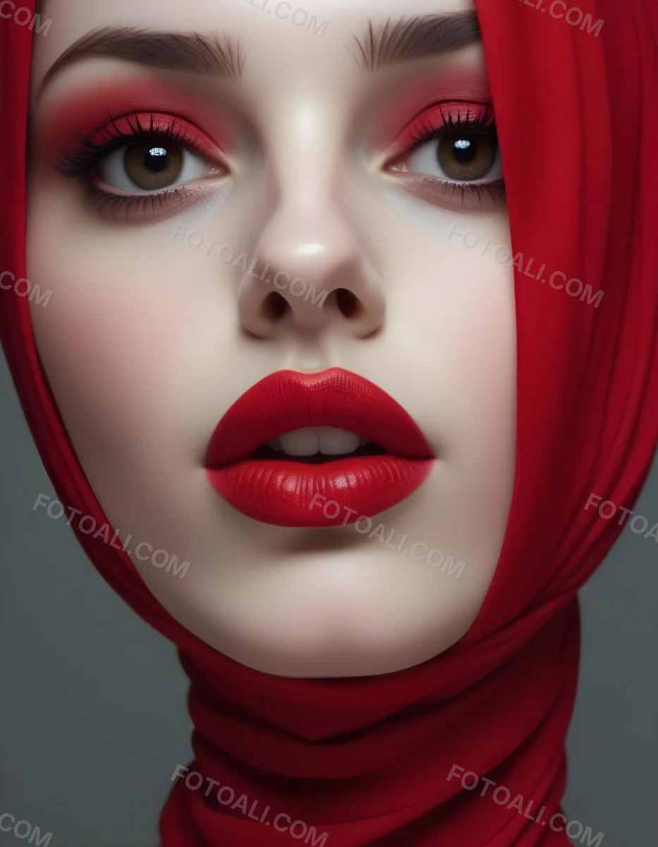Minimal Soft Studio Light Photography A Middle Eastern Woman With Pale Skin Dark Eyes And Bright Red Lips Wearing A Red Hijab High Detail Solid Bold Color Background 10 2303