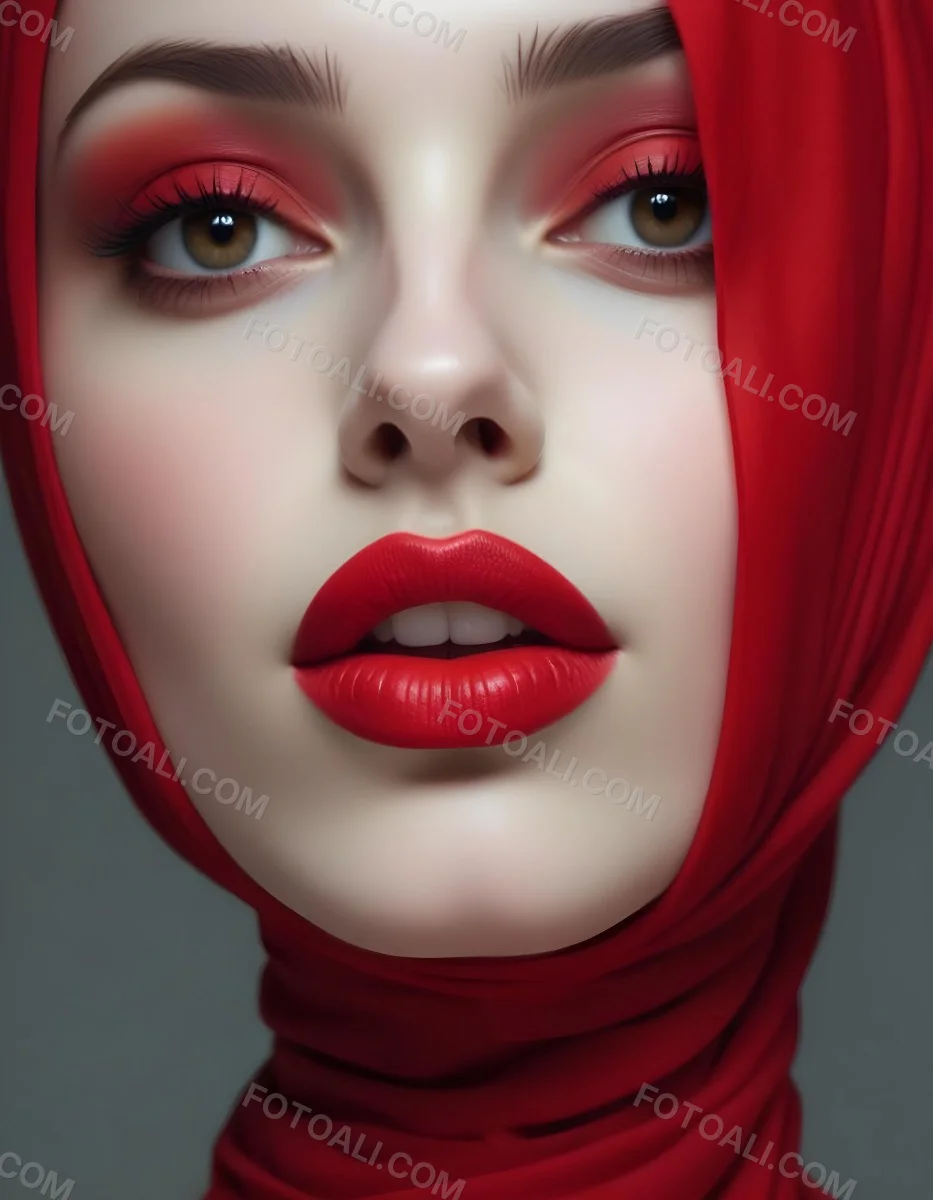Minimal Soft Studio Light Photography A Middle Eastern Woman With Pale Skin Dark Eyes And Bright Red Lips Wearing A Red Hijab High Detail Solid Bold Color Background 11 0d64